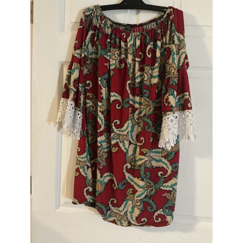 WinWin Red Paisley Half Sleeve Lace Tunic Top Off Shoulder Boho L-XL